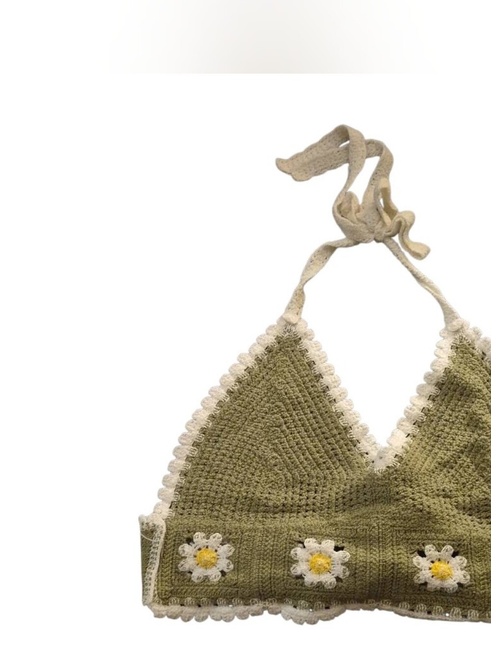 Crochet Daisy Halter Crop Top - Olive Green